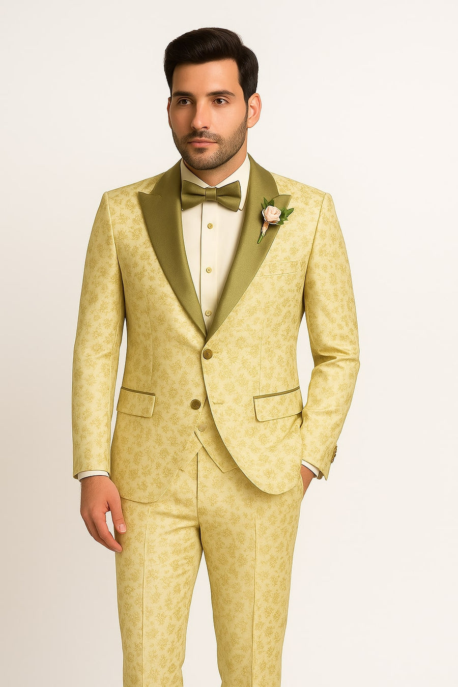 Champagne Gold Floral Tuxedo Suit for Men – Two-Piece Wedding Tux with Bow Tie and Satin Lapel