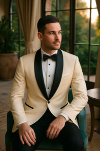 Mens Champagne Light Tan Tuxedo Jacket with Black Shawl Lapel – Classic One-Button Formal Dinner Jacket - Nude Color