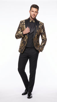 Men’s Black and Gold Floral Jacquard 3 Piece Suit, Modern Fit Tuxedo with Matching Bow Tie for Weddings and Prom