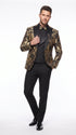 Men’s Black and Gold Floral Jacquard 3 Piece Suit, Modern Fit Tuxedo with Matching Bow Tie for Weddings and Prom