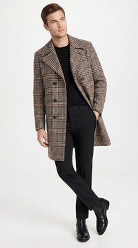 Men’s Black and White Plaid Wool Peacoat, Formal Winter Dress Coat for Business and Casual Wear