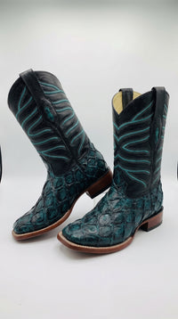 Men’s Rustic Turquoise Pirarucu Exotic Leather Cowboy Boots – Western Square Toe Fish Boots