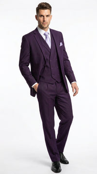 Men’s Purple 2 Button Fashion Suit with Double Breasted Vest, Formal Wedding Prom Dress Suit