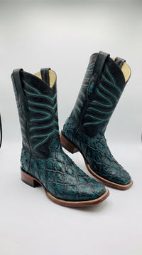 Men’s Rustic Turquoise Pirarucu Exotic Leather Cowboy Boots – Western Square Toe Fish Boots