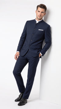 Men’s Navy Blue Mandarin Collar Suit, Dark Blue Banded Collar Formal Wedding Dress Suit