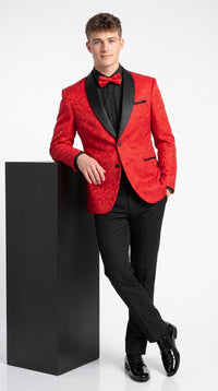 Men’s Red Paisley Jacquard Tuxedo Suit, Modern Fit Black Satin Shawl Lapel Prom Wedding Formal Suit