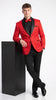 Men’s Red Paisley Jacquard Tuxedo Suit, Modern Fit Black Satin Shawl Lapel Prom Wedding Formal Suit