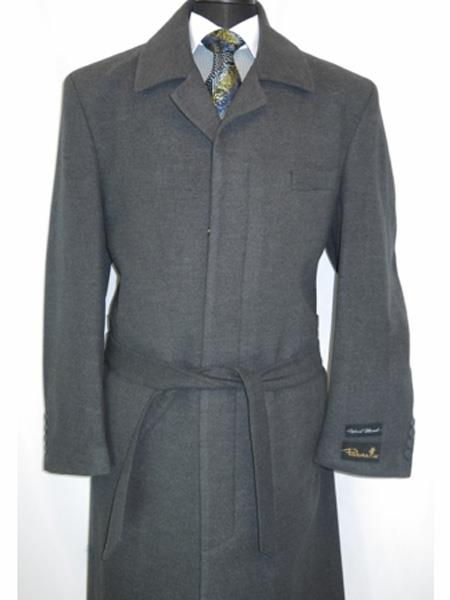 Full Length Belted Style Mens Raglan Overcoat - Wool Fabric Belted Charcoal Coat