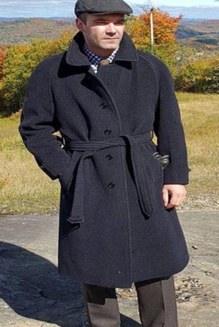 Full Length Belted Style Mens Raglan Overcoat - Wool Fabric Belted Charcoal Grey Coat