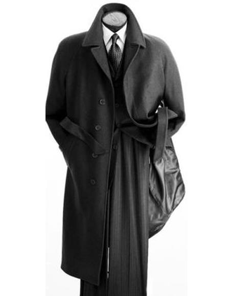 Full Length Belted Style Mens Raglan Overcoat - Wool Fabric Belted Charcoal Grey Four Button Coat