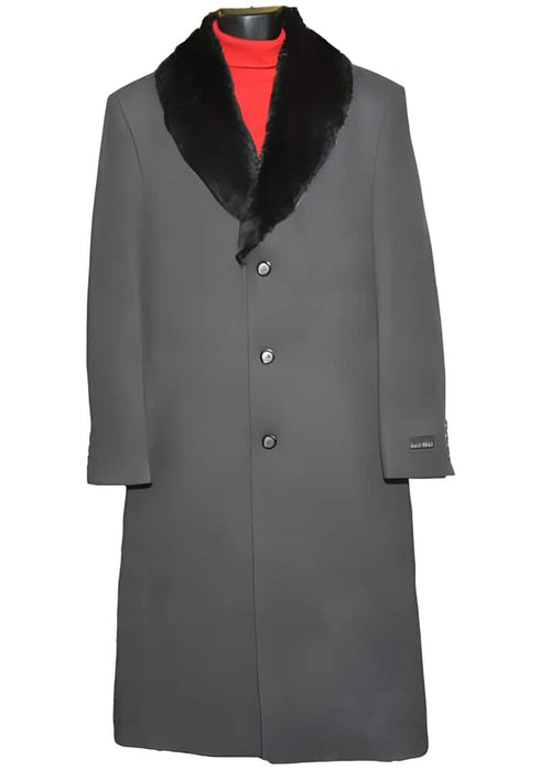 Fur Collar Dark Charcoal Grey 3 Button Wool Ankle length Overcoat ~ Long men's Dress Topcoat - Winter coat