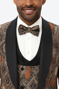 Men's Rust Geometric Pattern Tuxedo with Vest & Bowtie – One Button Formal Suit