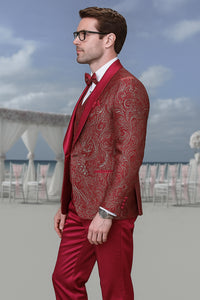 Men’s Red Paisley Brocade Prom Tuxedo with Vested Double Breasted Suit – Wedding Ready