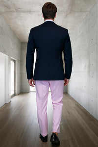 Men’s Black and Pink Wool Tuxedo – Designer Vested Tuxedo with Contrast Satin Peak Lapel for Wedding & Prom