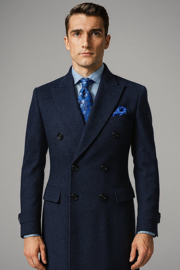 "Men's Navy Wool Peacoat – Double Breasted 3/4 Length Overcoat"