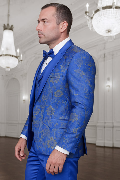 Men's royal blue paisley lace print tuxedo with double breasted vest – prom & wedding suit