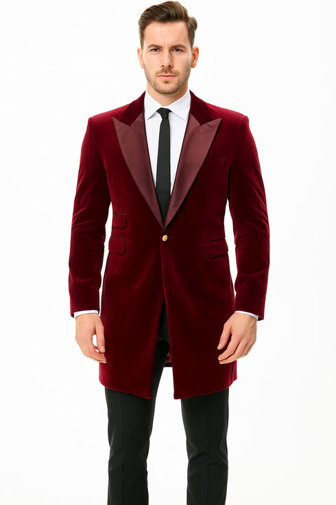 Men’s Burgundy Tuxedo in  Velvet  Long Blazer – Victorian Cutaway Tuxed  Suit 1920s Gangster Style Long Jacket with Black Pants