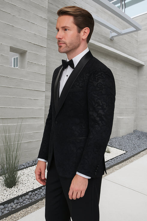 Men's Black Paisley Velvet Smoking Jacket Tuxedo with Vested Double Breasted Prom & Wed