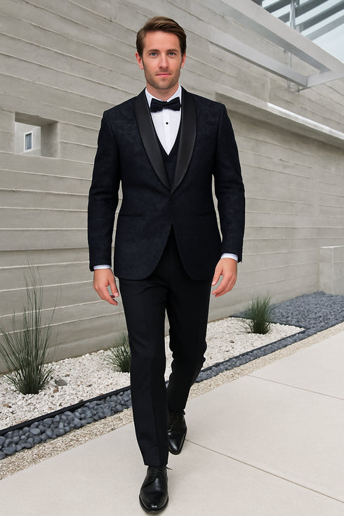 Men's Black Paisley Velvet Smoking Jacket Tuxedo with Vested Double Breasted Prom & Wed