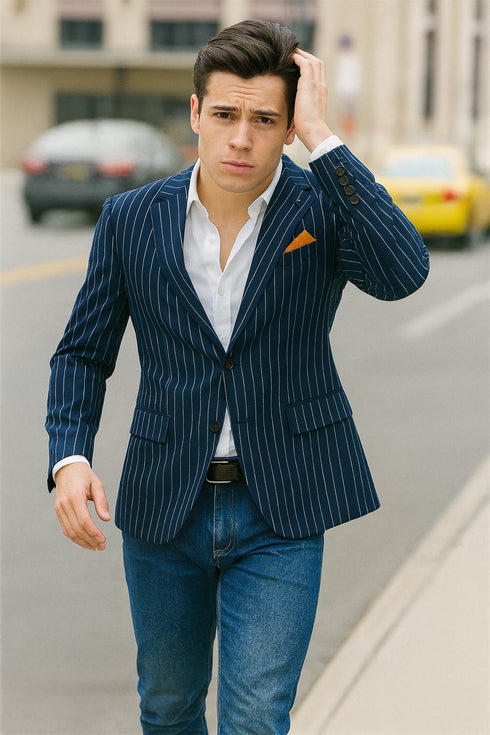Men's Navy And Bold White Pinstripe Designer Fashion Blazer