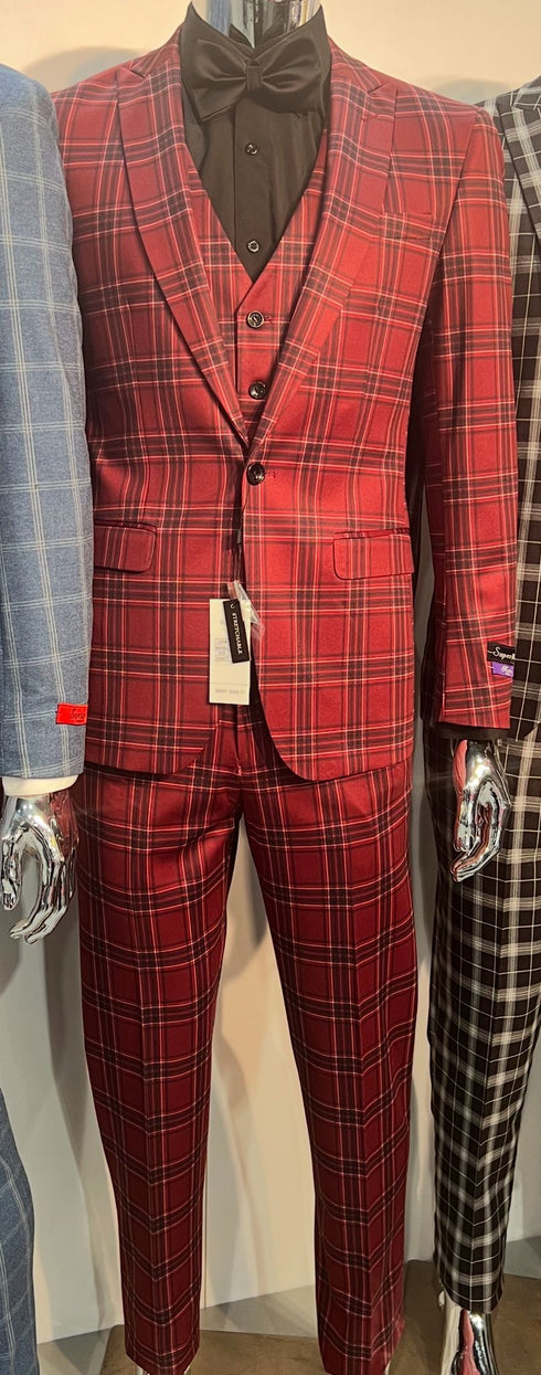 Mens Burgundy Plaid Three-Piece Suit – Ultra Slim Fit Checkered Windowpane Redish 544-10