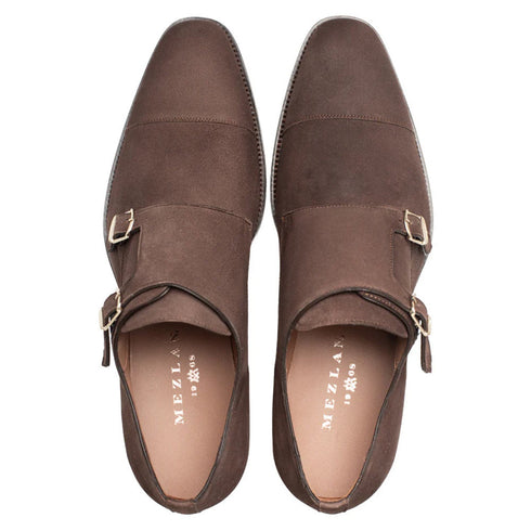 Actore II Chestnut Suede Double Monk Strap Shoes By Mezlan Made In Spain Brand