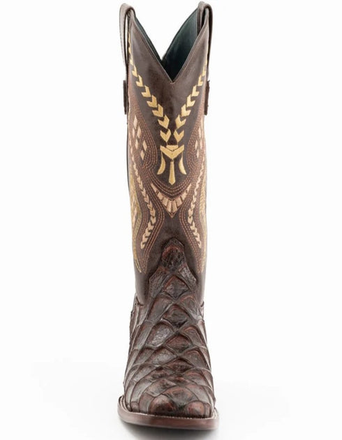 Ferrini Bronco Men's Print Pirarucu Fish Boots Handcrafted Chocolate