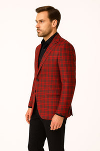 Mens Red Plaid Modern Fit Windowpane Check Blazer - Christmas Holiday Sport Coat Tartan Look