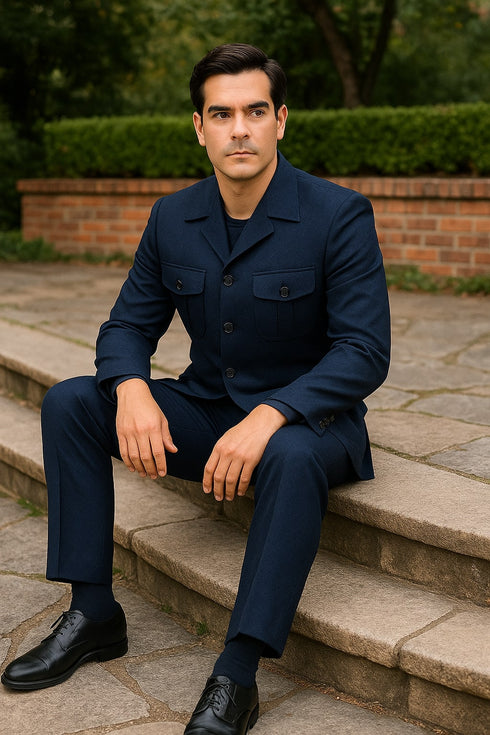 Mens Classic Navy Safari Suit with Utility Jacket and Coordinated Trousers