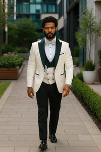 Hilton White and Black Paisley Peak Lapel Tuxedo Jacket with Matching Shawl Vest and Wool Pants – Includes Bow Tie