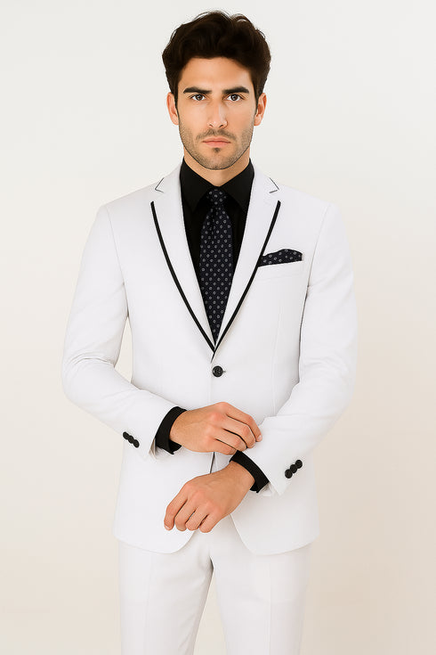All White Mens Tuxedo -  Wedding Suit - Mens Two Button Slim Fit Vested Prom Tuxedo Suit With Trim In White