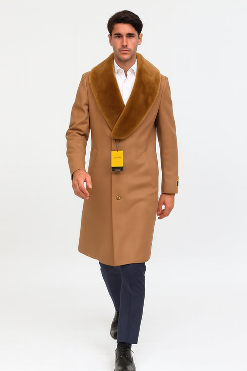 Mens Full Length And Cashmere Overcoat - Winter Topcoats - Light Brown Coat - Dark Camel - Vecuna Color