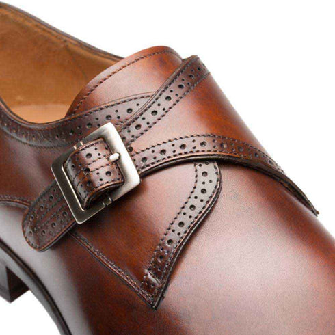 Forest Cognac Calfskin Leather Men’s Modern Wing Tip Monk Strap By Mezlan Made In Spain Brand