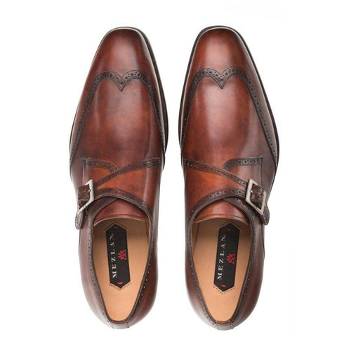 Forest Cognac Calfskin Leather Men’s Modern Wing Tip Monk Strap By Mezlan Made In Spain Brand