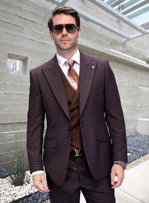 Brown Plaid Suit - Copper - Orange - Rust Color Double Breasted Vest Windowpane Pattern Suit - Wool Suit - Peak Lapel Side Vented Modern Fit