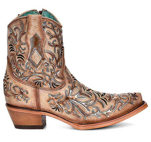 Tan Ankle Booties with Dark Embroidery and Mirrored Overlay and Toe Design