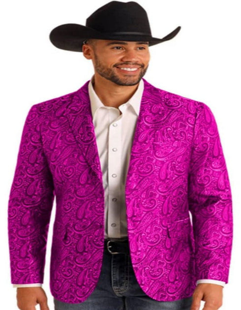 Mens Western Blazer - Paisley Pattern Cowboy Tuxedo Jacket in Color Fuchsia