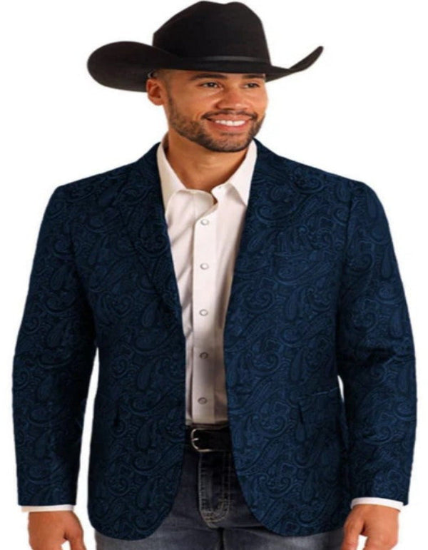 Mens Western Blazer - Paisley Pattern Cowboy Tuxedo Jacket in Color Navy