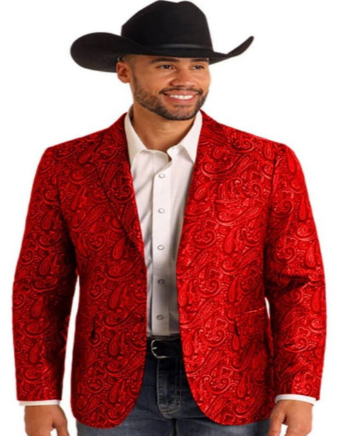 Mens Western Blazer - Paisley Pattern Cowboy Tuxedo Jacket in Color Red