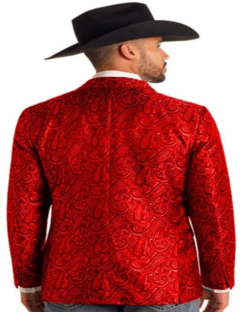 Mens Western Blazer - Paisley Pattern Cowboy Tuxedo Jacket in Color Red