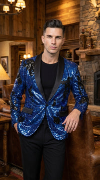 Men’s Royal Blue and Black Reversible Sequin Blazer, 1 Button Shiny Formal Party Jacket