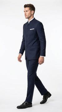 Men’s Navy Blue Mandarin Collar Suit, Dark Blue Banded Collar Formal Wedding Dress Suit