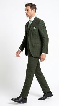 Men’s Olive Windowpane Plaid Suit, 2 Button Formal Suit with Double Breasted Vest