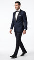 Men’s Daniel Craig James Bond Navy Blue Tuxedo Costume, 007 Inspired Black Satin Shawl Lapel Formal Wedding Suit