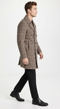 Men’s Black and White Plaid Wool Peacoat, Formal Winter Dress Coat for Business and Casual Wear