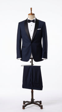 Men’s Daniel Craig James Bond Navy Blue Tuxedo Costume, 007 Inspired Black Satin Shawl Lapel Formal Wedding Suit