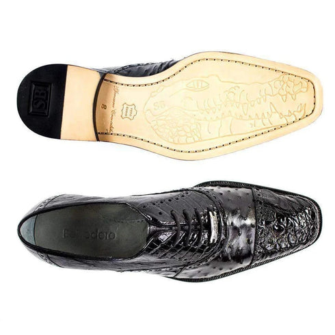 Belvedere Onesto  Men's Black Genuine Ostrich And Crocodile Oxfords