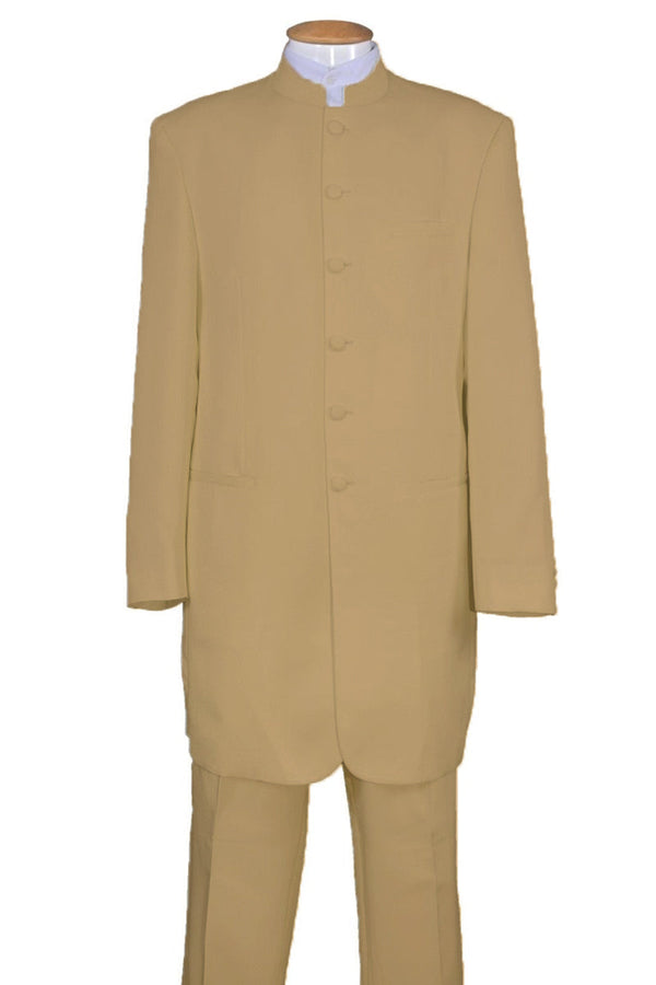 Mens 6 Button Long Mandarin Banded Collar Suit in Tan