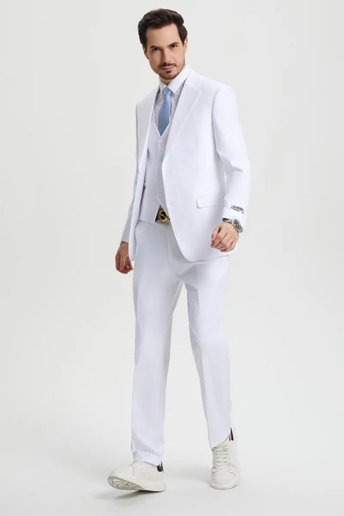 Men's Two Button Vested Stacy Adams Basic Designer Suit in White