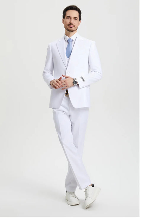 Men's Two Button Vested Stacy Adams Basic Designer Suit in White